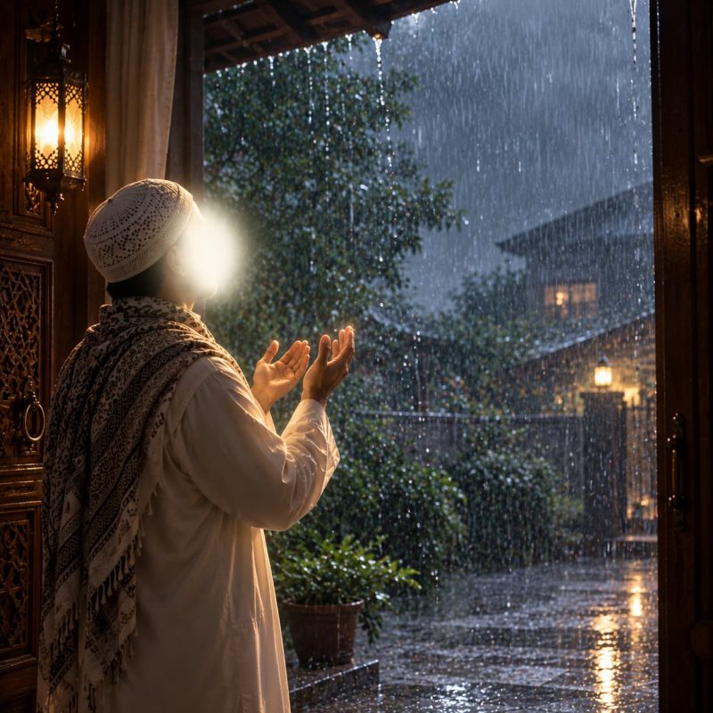 বৃষ্টির সময় দোয়া কবুলের আশায় একজন মুসলিম দুই হাত তুলে আল্লাহর কাছে আন্তরিকভাবে প্রার্থনা করছেন।