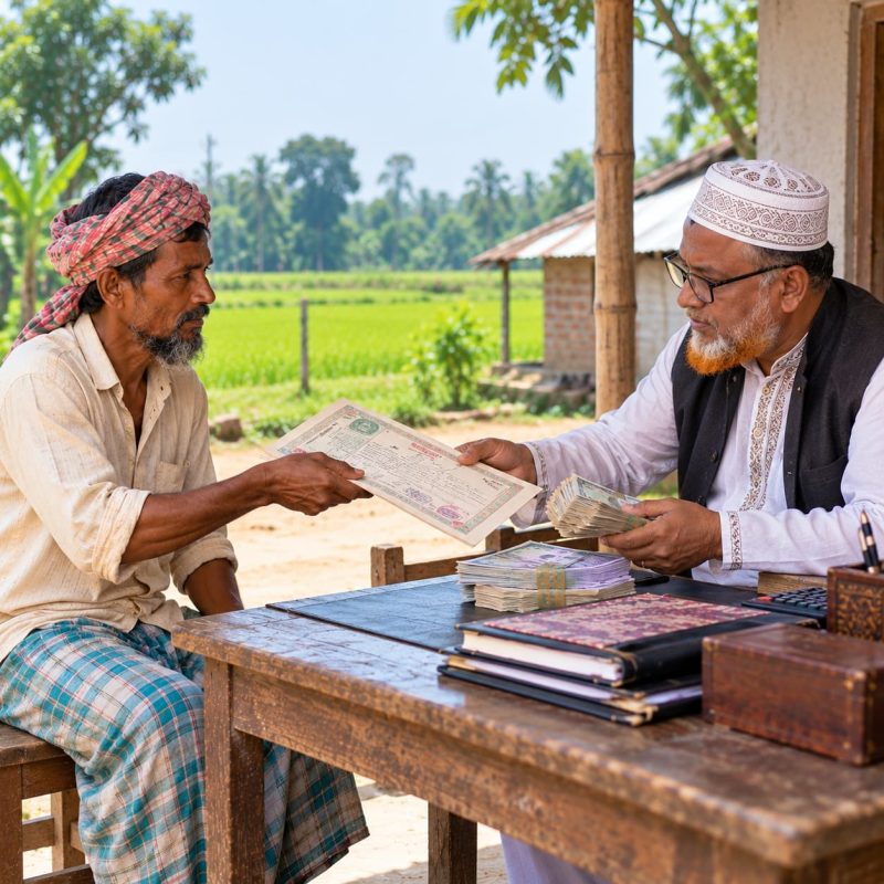 জমি বন্ধক রাখা কি জায়েজ—জমির দলিল দিয়ে মহাজনের কাছ থেকে টাকা নিচ্ছেন একজন বাংলাদেশি কৃষক