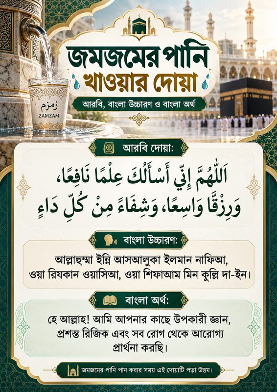 জমজমের পানি পান করার দোয়া